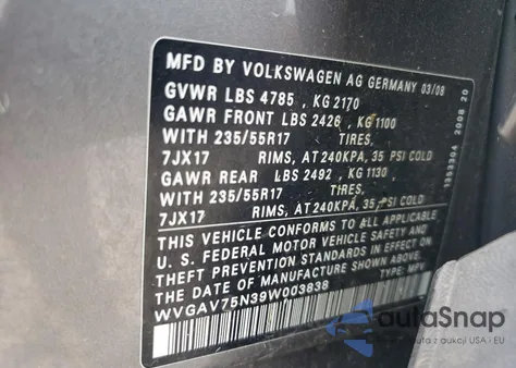 2009 Volkswagen Tiguan S из США, поврежденный, VIN WVGAV75N39W003838